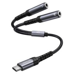 Type-C Jackı Kulaklık Ayırıcı Aux Adaptörü [28 Cm] USB C - Çift 3,5 mm Jak Ayırıcı Ses Y Kablosu iPhone 16/15 Pro Max Plus, Huawei P40, Galaxy S24 S23 S22 Ultra, Piksel Grisi ile Uyumlu CM0017