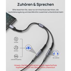 Type-C Jackı Kulaklık Ayırıcı Aux Adaptörü [28 Cm] USB C - Çift 3,5 mm Jak Ayırıcı Ses Y Kablosu iPhone 16/15 Pro Max Plus, Huawei P40, Galaxy S24 S23 S22 Ultra, Piksel Grisi ile Uyumlu CM0017