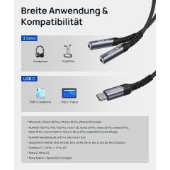 Type-C Jackı Kulaklık Ayırıcı Aux Adaptörü [28 Cm] USB C - Çift 3,5 mm Jak Ayırıcı Ses Y Kablosu iPhone 16/15 Pro Max Plus, Huawei P40, Galaxy S24 S23 S22 Ultra, Piksel Grisi ile Uyumlu CM0017