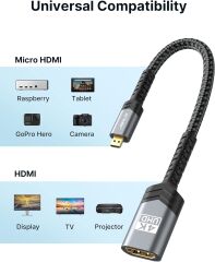 JSAUX Mikro HDMI - HDMI adaptörü, mikro HDMI erkek - HDMI 2.0 dişi kablo, 4K @60Hz HDR 3D Dolby 18Gbps, akıllı telefonlar, tabletler, kameralar ve diğer altın kaplama cihazlar için uyumlu - Gri