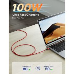 Jsaux 100w 2 Metre 5 Amper Süper Hızlı Type-C to Type-C Şarj Ve Data Kablosu - Kırmızı - cc0020