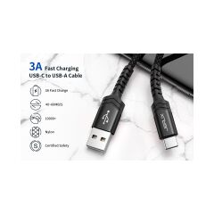 Jsaux Profesyonel Serisi  USB To Type-C 3 Amper Hızlı Şarj ve Data Kablosu 1 Metre iPhone 15 serisi Ve Android Type-C girişli cihazlar ile uyumlu CC0011 Siyah