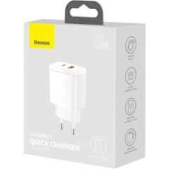 Baseus Compact 20W USB + Type-C Çıkışlı Qc3.0 Hızlı Şarj Başlığı Şarj Aleti Beyaz